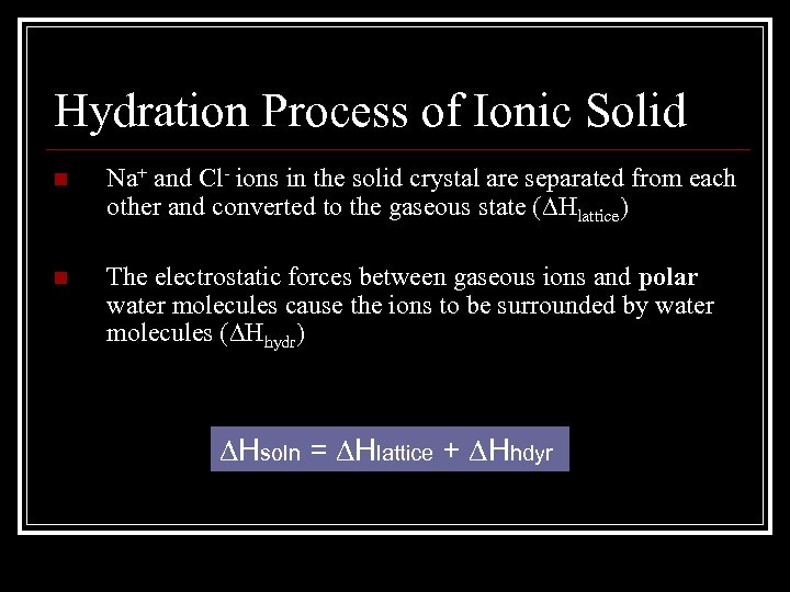 Hydration Process of Ionic Solid n Na+ and Cl- ions in the solid crystal