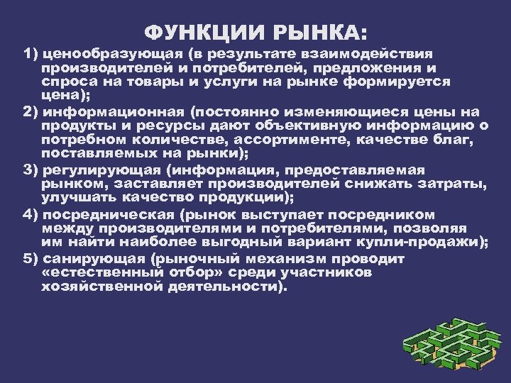 ФУНКЦИИ РЫНКА: 1) ценообразующая (в результате взаимодействия производителей и потребителей, предложения и спроса на