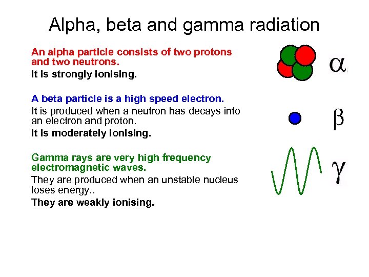 Alpha, beta and gamma radiation An alpha particle consists of two protons and two