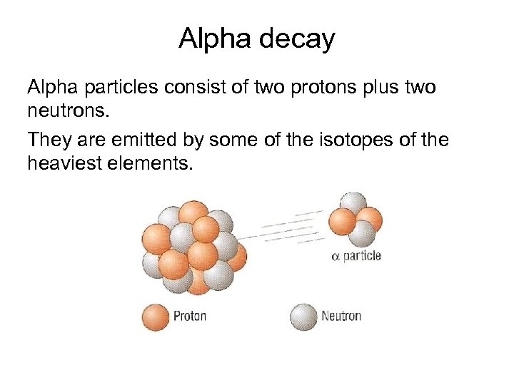 Alpha decay Alpha particles consist of two protons plus two neutrons. They are emitted