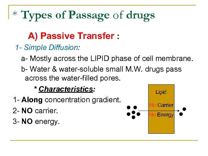 * Types of Passage of drugs A) Passive Transfer : 1 - Simple Diffusion: