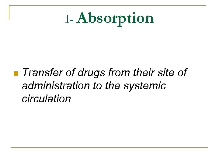 I- Absorption n Transfer of drugs from their site of administration to the systemic