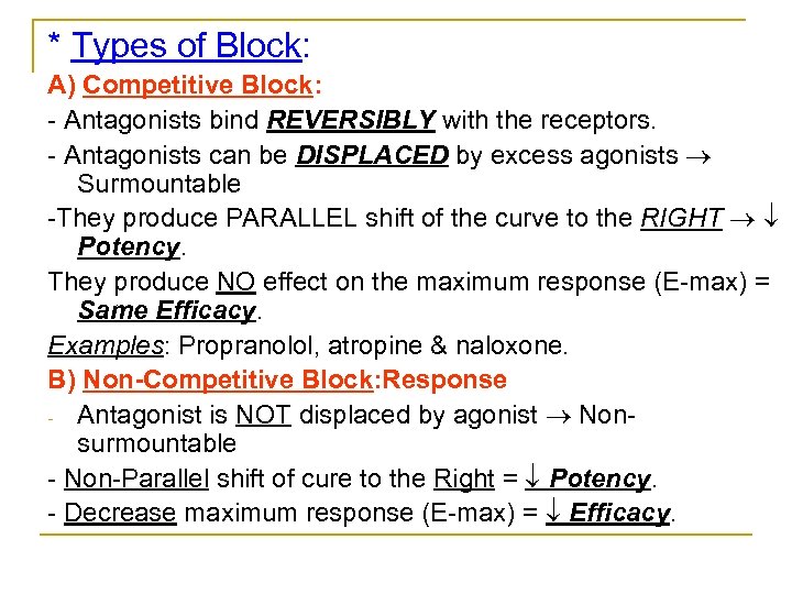 * Types of Block: A) Competitive Block: Antagonists bind REVERSIBLY with the receptors. Antagonists