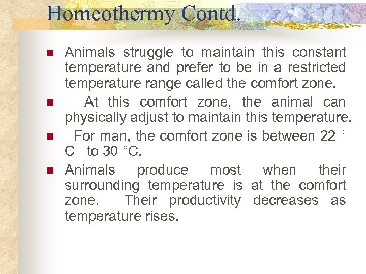 Homeothermy Contd. n n Animals struggle to maintain this constant temperature and prefer to