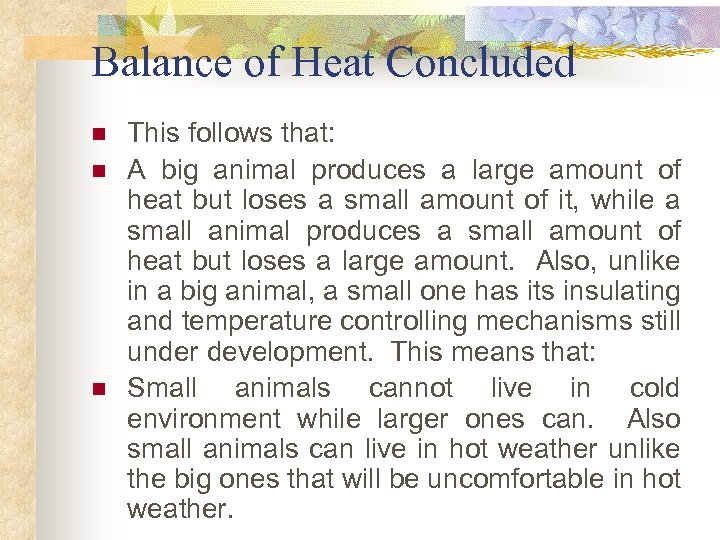 Balance of Heat Concluded n n n This follows that: A big animal produces