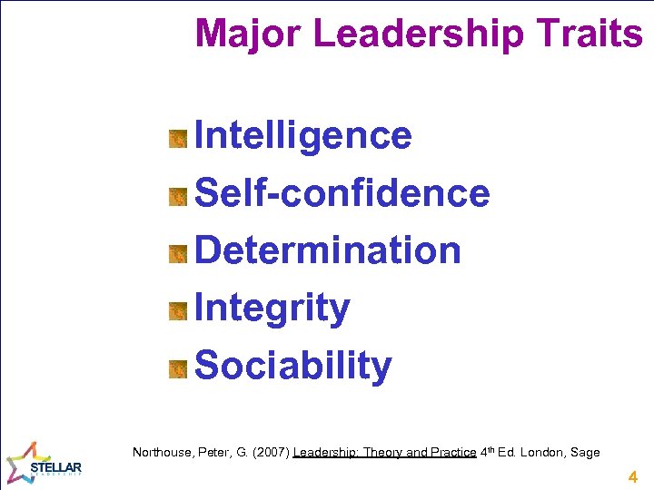 Major Leadership Traits Intelligence Self-confidence Determination Integrity Sociability Northouse, Peter, G. (2007) Leadership: Theory