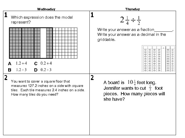 Wednesday Thursday Which expression does the model represent? Write your answer as a fraction____.