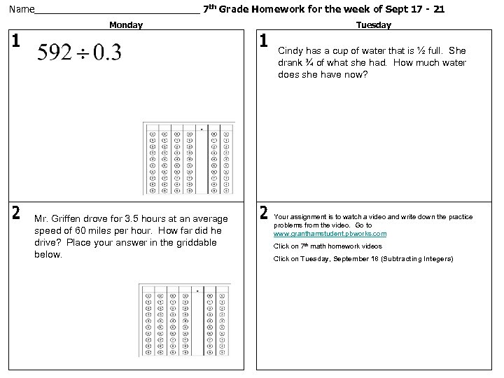 Name________________ 7 th Grade Homework for the week of Sept 17 - 21 Monday