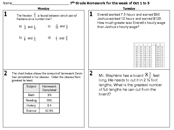 Name________________ 7 th Grade Homework for the week of Oct 1 to 5 Monday
