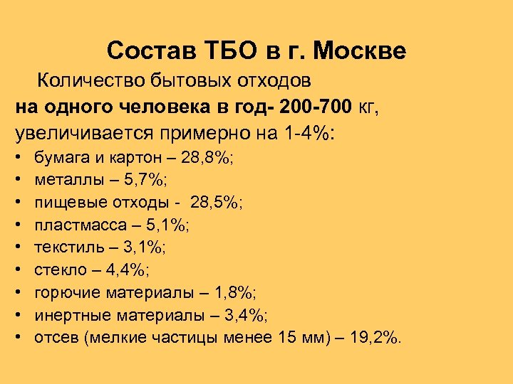 Состав ТБО в г. Москве Количество бытовых отходов на одного человека в год- 200