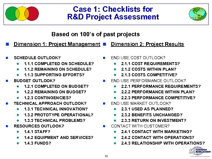 Case 1: Checklists for R&D Project Assessment SRI International Based on 100’s of past
