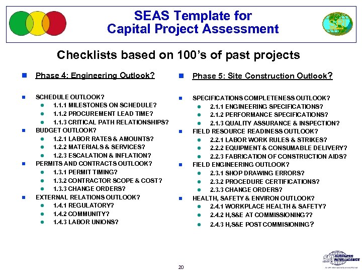 SEAS Template for Capital Project Assessment SRI International Checklists based on 100’s of past