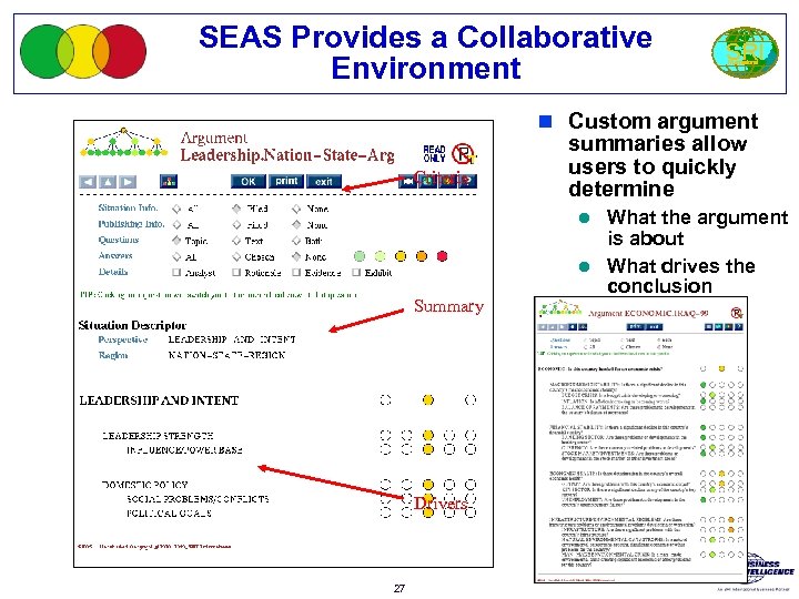SEAS Provides a Collaborative Environment SRI International n Custom argument Criteria summaries allow users