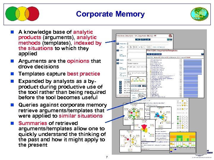 Corporate Memory n A knowledge base of analytic n n n products (arguments), analytic
