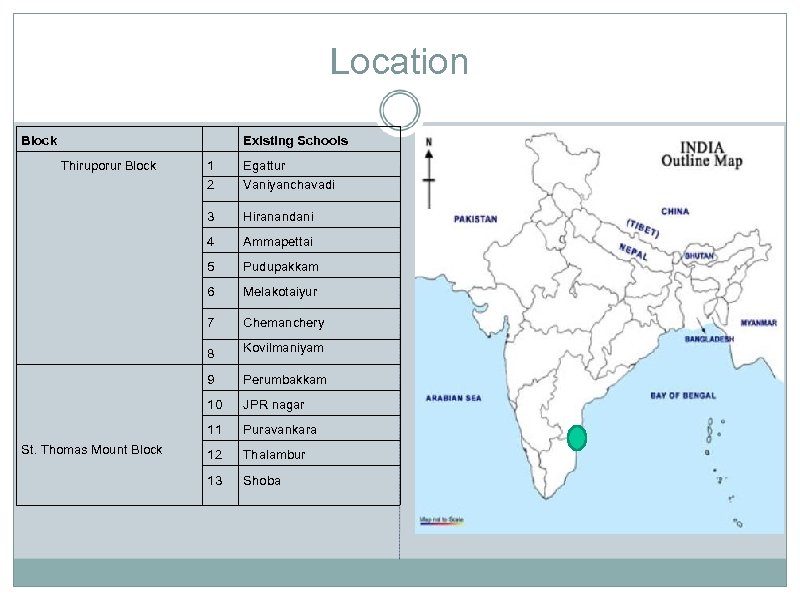 Location Block Existing Schools 1 2 Egattur Vaniyanchavadi 3 Hiranandani 4 Ammapettai 5 Pudupakkam