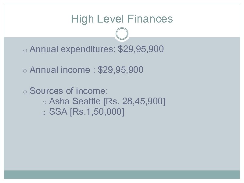 High Level Finances o Annual expenditures: $29, 95, 900 o Annual income : $29,