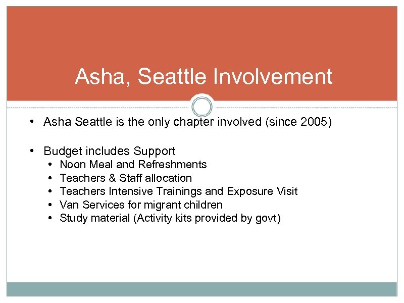 Asha, Seattle Involvement • Asha Seattle is the only chapter involved (since 2005) •