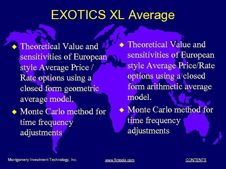 EXOTICS XL Average u u Theoretical Value and sensitivities of European style Average Price