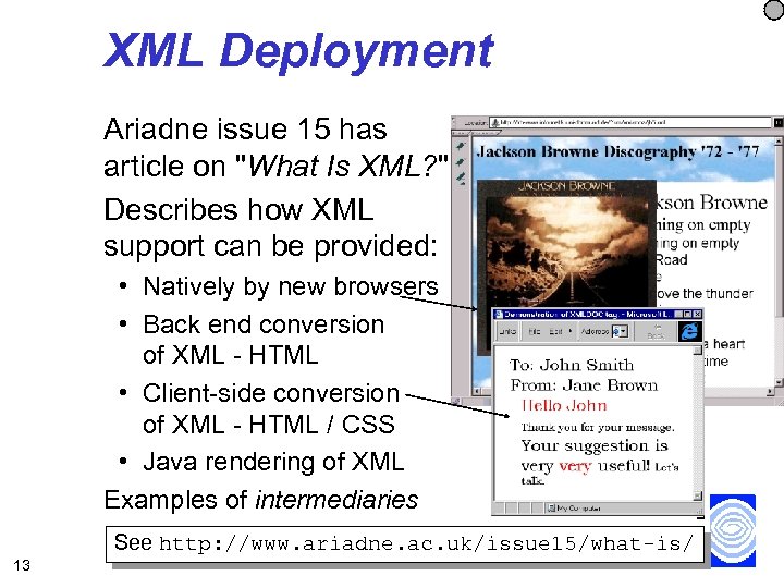 XML Deployment Ariadne issue 15 has article on "What Is XML? " Describes how