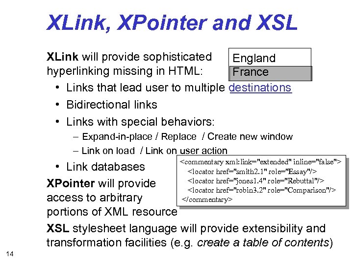 XLink, XPointer and XSL XLink will provide sophisticated England hyperlinking missing in HTML: France