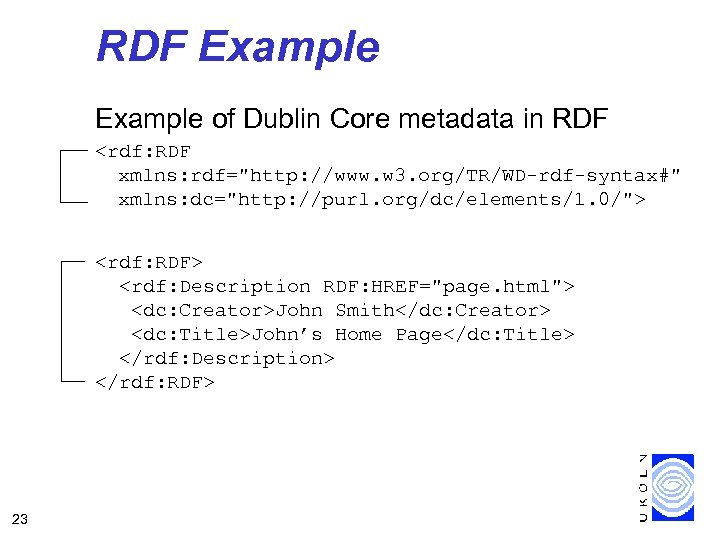 RDF Example of Dublin Core metadata in RDF <rdf: RDF xmlns: rdf="http: //www. w