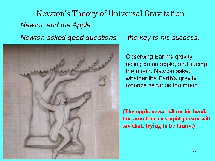 Newton’s Theory of Universal Gravitation Newton and the Apple Newton asked good questions the