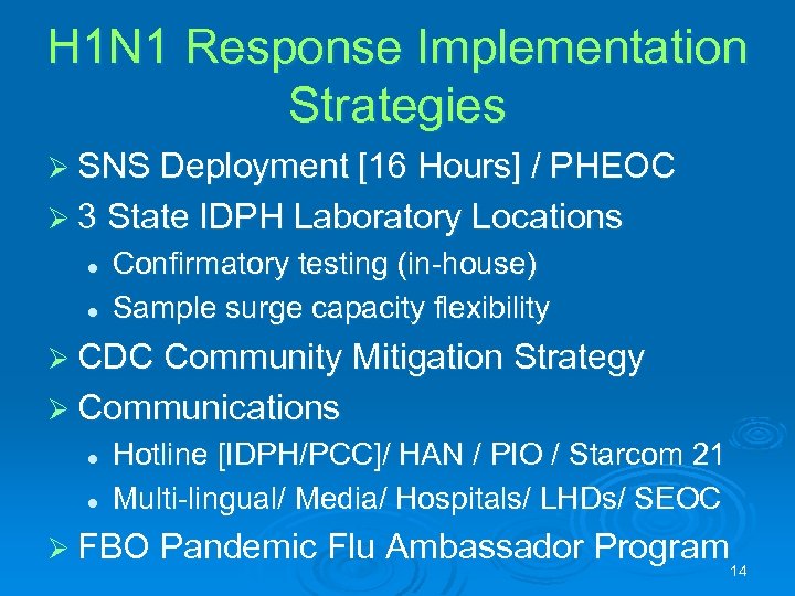 H 1 N 1 Response Implementation Strategies Ø SNS Deployment [16 Hours] / PHEOC