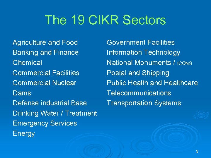 The 19 CIKR Sectors Agriculture and Food Banking and Finance Chemical Commercial Facilities Commercial