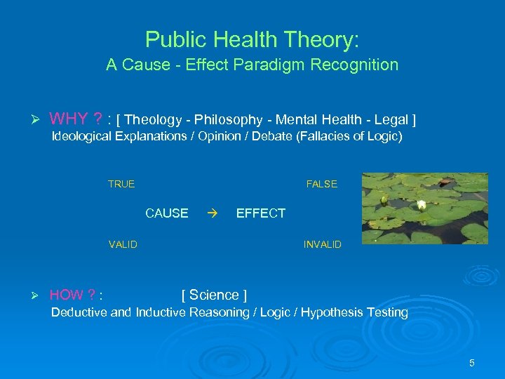 Public Health Theory: A Cause - Effect Paradigm Recognition Ø WHY ? : [