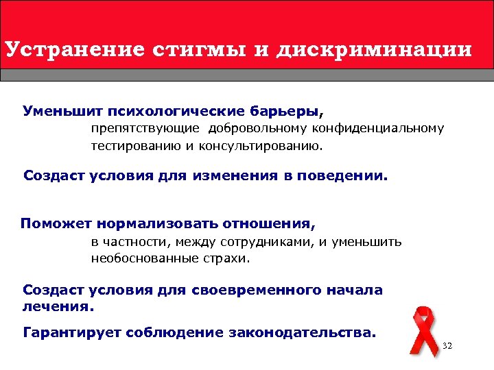 Устранение стигмы и дискриминации Уменьшит психологические барьеры, препятствующие добровольному конфиденциальному тестированию и консультированию. Создаст