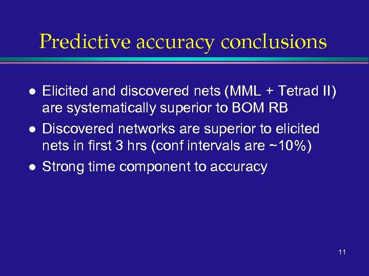 Predictive accuracy conclusions l l l Elicited and discovered nets (MML + Tetrad II)