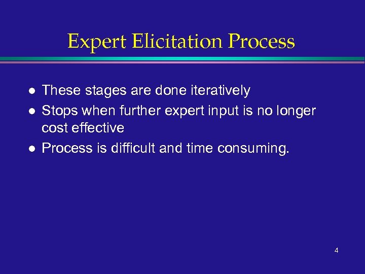 Expert Elicitation Process l l l These stages are done iteratively Stops when further