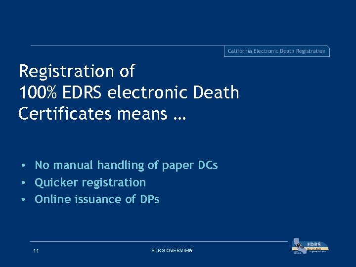 Registration of 100% EDRS electronic Death Certificates means … • No manual handling of