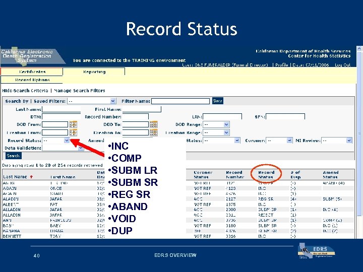 Record Status • INC • COMP • SUBM LR • SUBM SR • REG