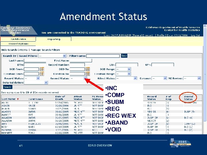 Amendment Status • INC • COMP • SUBM • REG W/EX • ABAND •