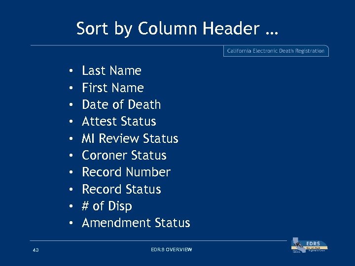Sort by Column Header … • • • 43 Last Name First Name Date