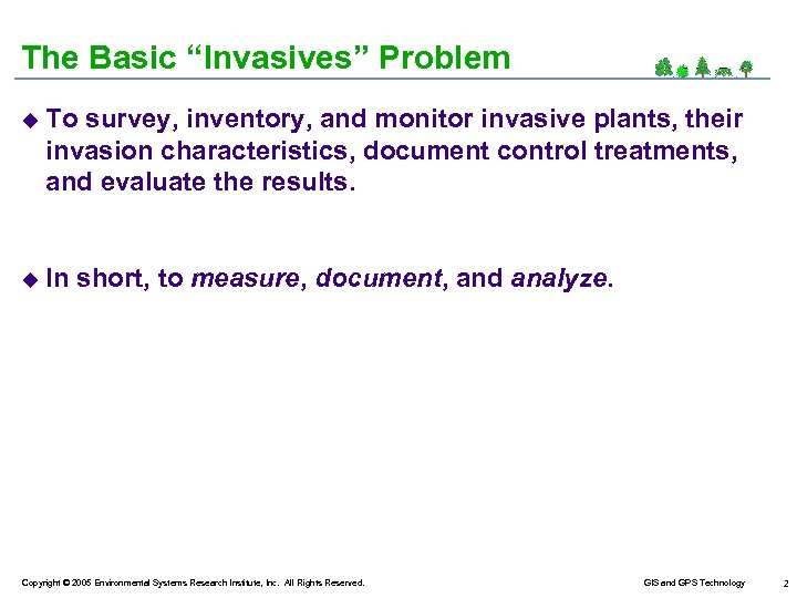 The Basic “Invasives” Problem u To survey, inventory, and monitor invasive plants, their invasion
