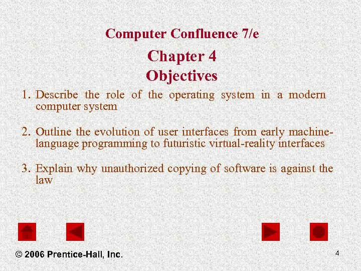 Computer Confluence 7/e Chapter 4 Objectives 1. Describe the role of the operating system