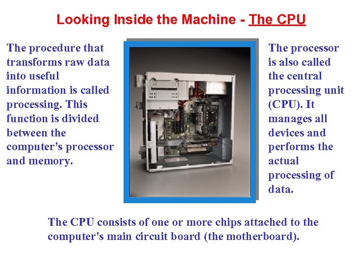 Looking Inside the Machine - The CPU The procedure that transforms raw data into