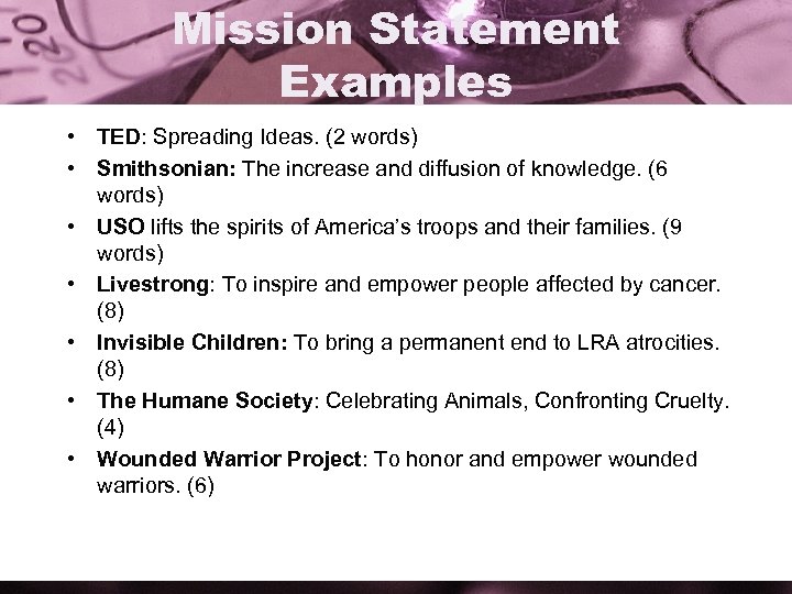 Mission Statement Examples • TED: Spreading Ideas. (2 words) • Smithsonian: The increase and