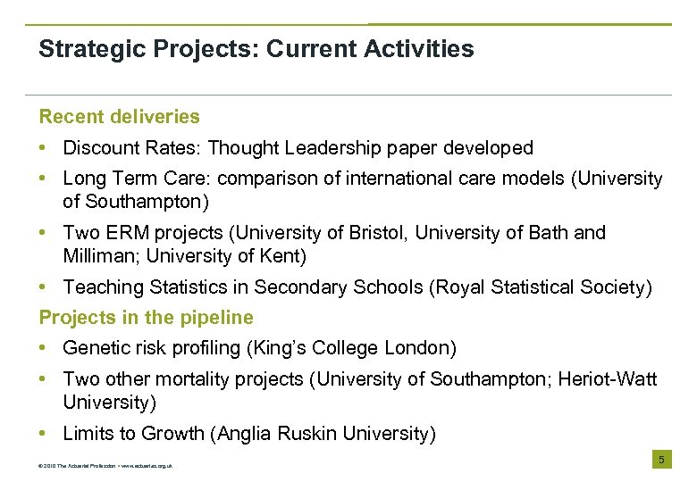 Strategic Projects: Current Activities Recent deliveries • Discount Rates: Thought Leadership paper developed •