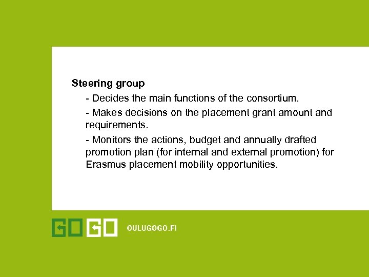 Steering group - Decides the main functions of the consortium. - Makes decisions on