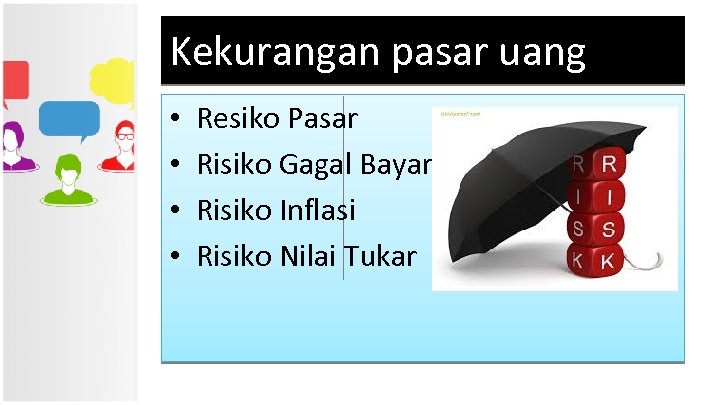 Kekurangan pasar uang • • Resiko Pasar Risiko Gagal Bayar Risiko Inflasi Risiko Nilai