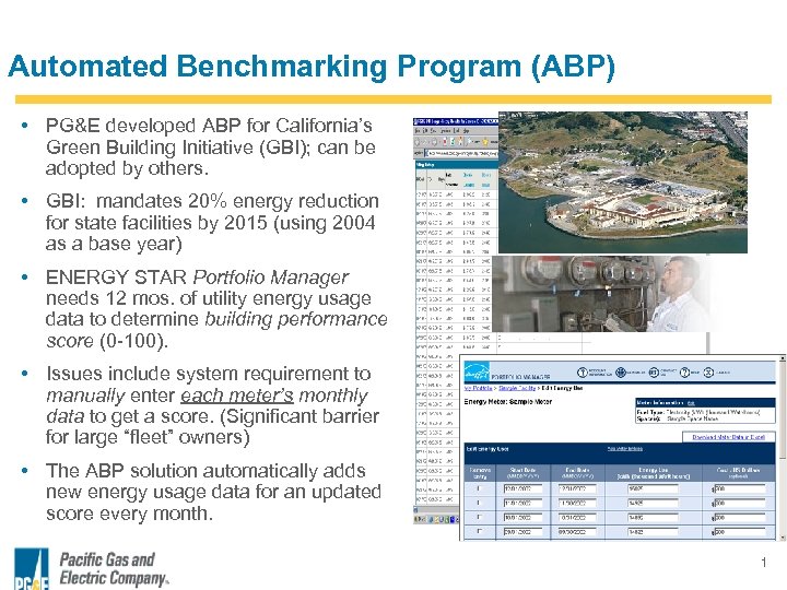 Automated Benchmarking Program (ABP) • PG&E developed ABP for California’s Green Building Initiative (GBI);