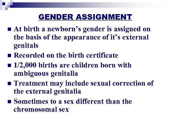 GENDER ASSIGNMENT At birth a newborn’s gender is assigned on the basis of the