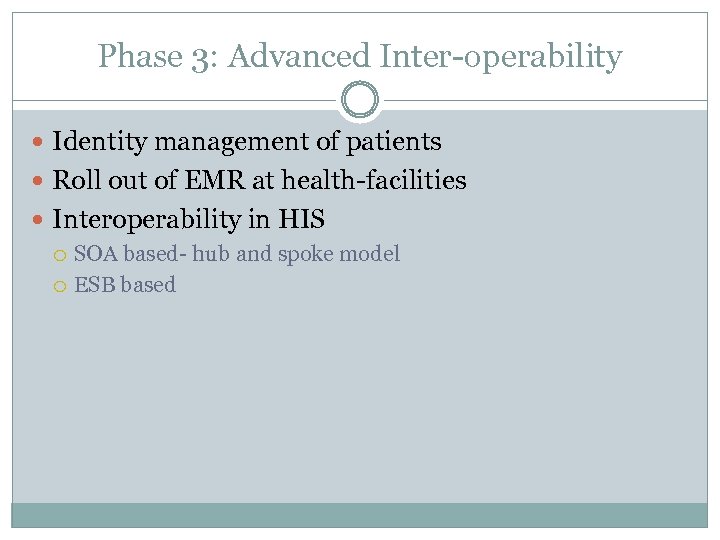 Phase 3: Advanced Inter-operability Identity management of patients Roll out of EMR at health-facilities