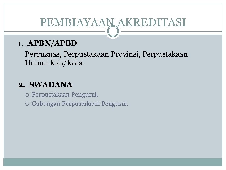 PEMBIAYAAN AKREDITASI 1. APBN/APBD Perpusnas, Perpustakaan Provinsi, Perpustakaan Umum Kab/Kota. 2. SWADANA Perpustakaan Pengusul.