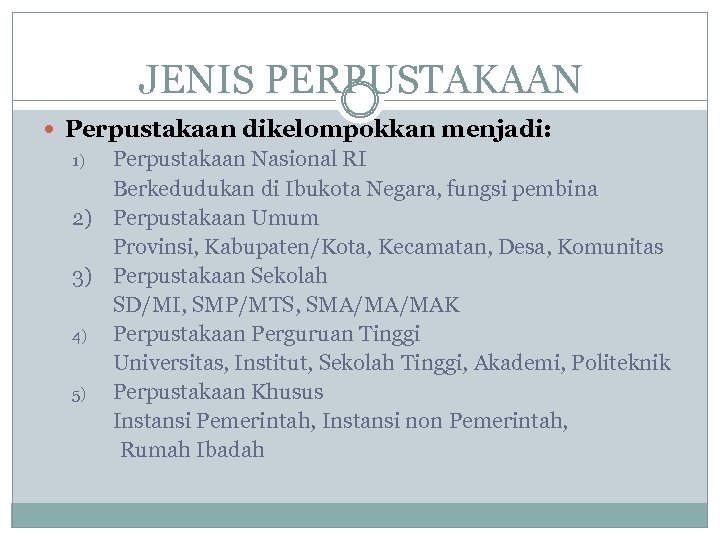 JENIS PERPUSTAKAAN Perpustakaan dikelompokkan menjadi: Perpustakaan Nasional RI Berkedudukan di Ibukota Negara, fungsi pembina