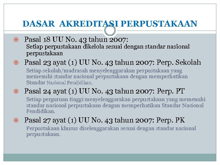 DASAR AKREDITASI PERPUSTAKAAN Pasal 18 UU No. 43 tahun 2007: Setiap perpustakaan dikelola sesuai