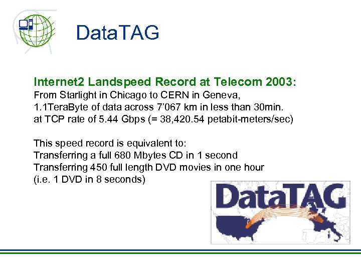 Data. TAG Internet 2 Landspeed Record at Telecom 2003: From Starlight in Chicago to